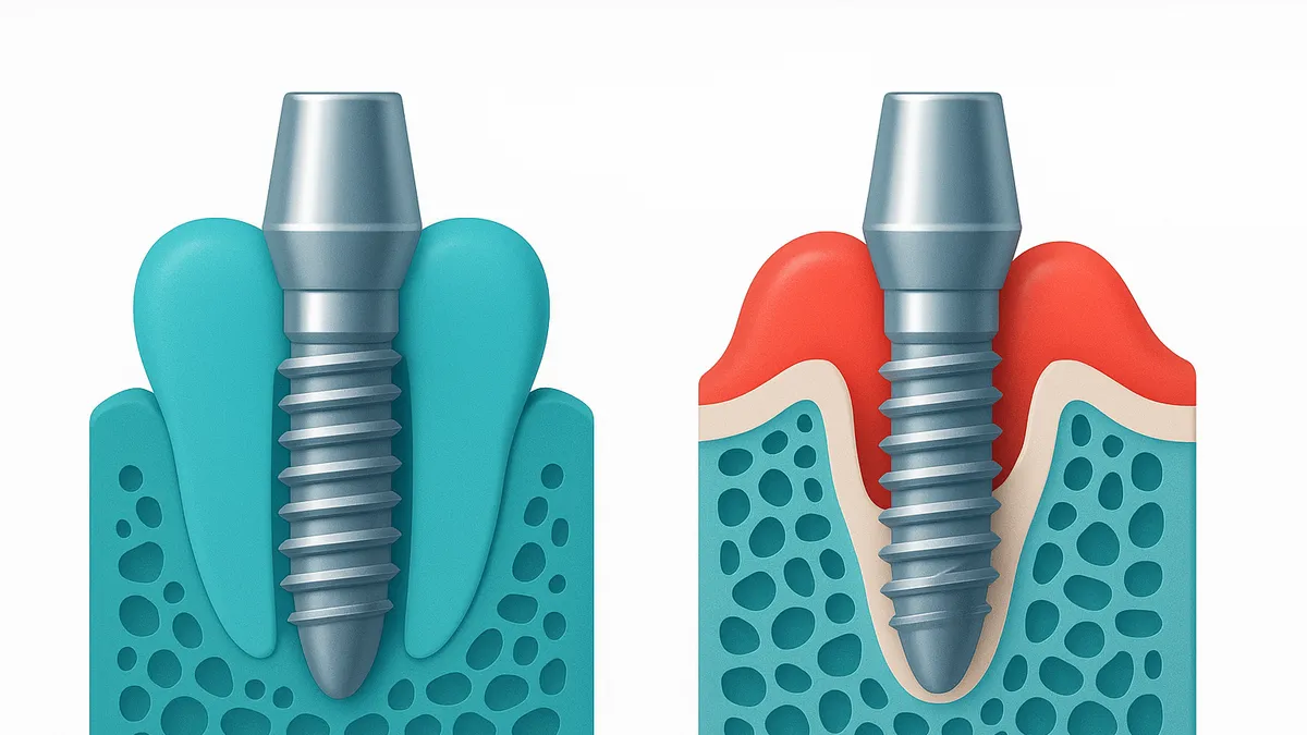 periimplantitis: encía inflamada y pérdida de hueso alrededor del implante