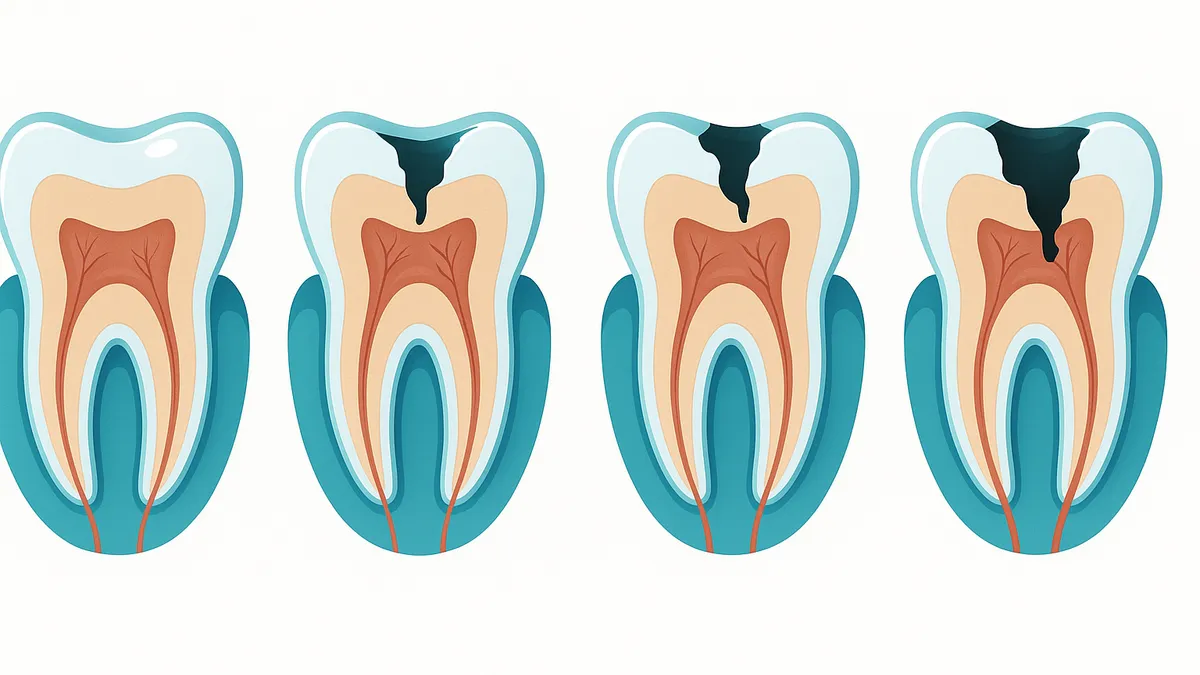 etapas de la caries dental: esmalte, dentina y pulpa