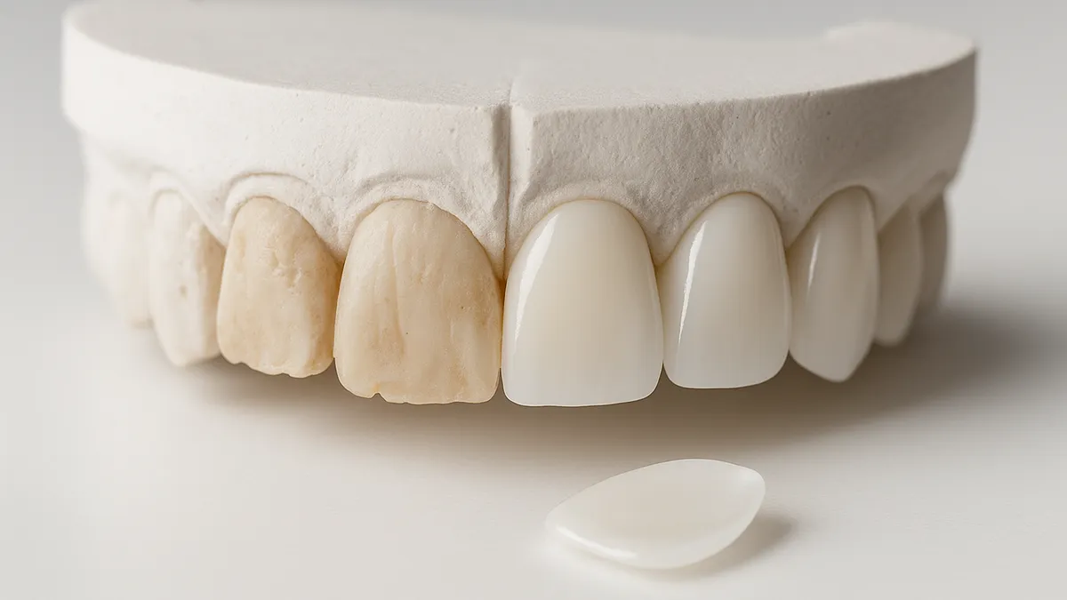 carillas dentales antes y después en un modelo dental