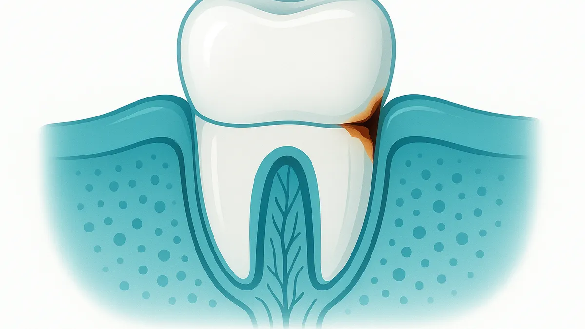 caries debajo de una corona dental en el margen de la encía