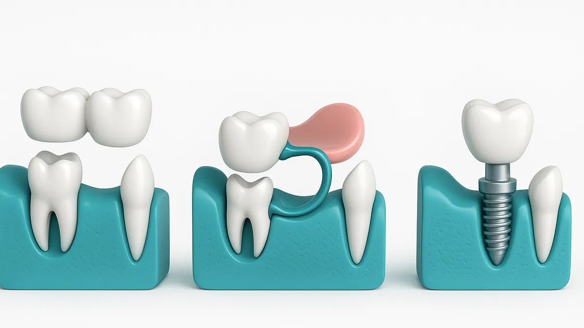 puente fijo, prótesis removible o implante para dientes perdidos
